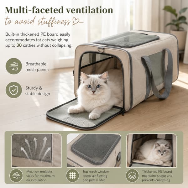 Large wheeled pet carrier with breathable mesh ventilation panels and sturdy foldable design for cats and small dogs