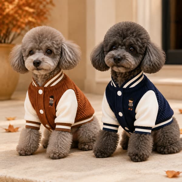Two small grey dogs wearing brown and dark blue embroidered corduroy varsity jackets