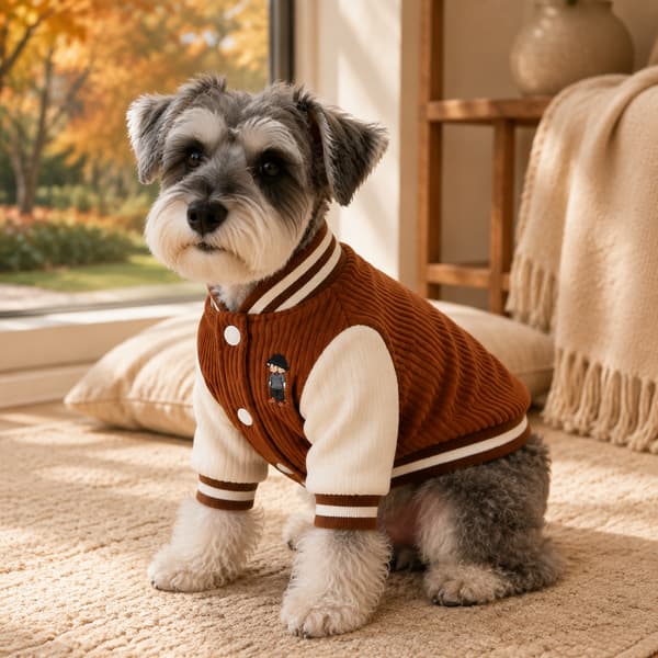 Small grey dog wearing a brown embroidered corduroy varsity jacket in a cosy autumn home.