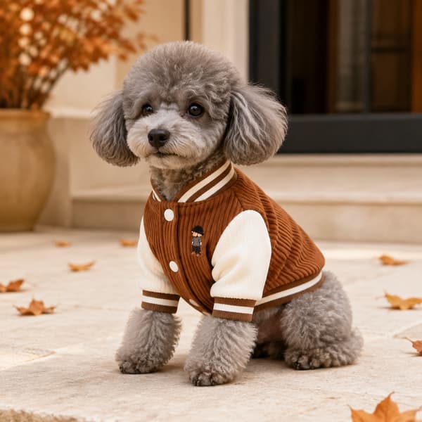 Grey toy poodle wearing a brown embroidered corduroy varsity jacket with cream sleeves in autumn