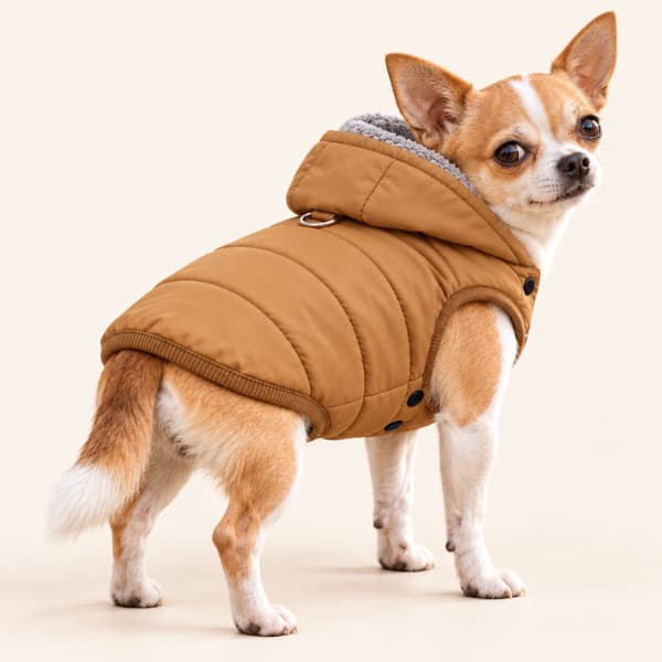Chihuahua wearing a brown padded hooded jacket with grey fleece lining.
