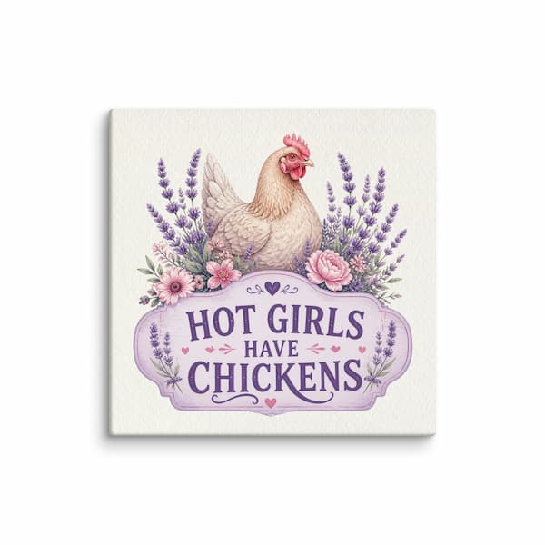 Decorative sign with a chicken illustration and floral elements on a white background