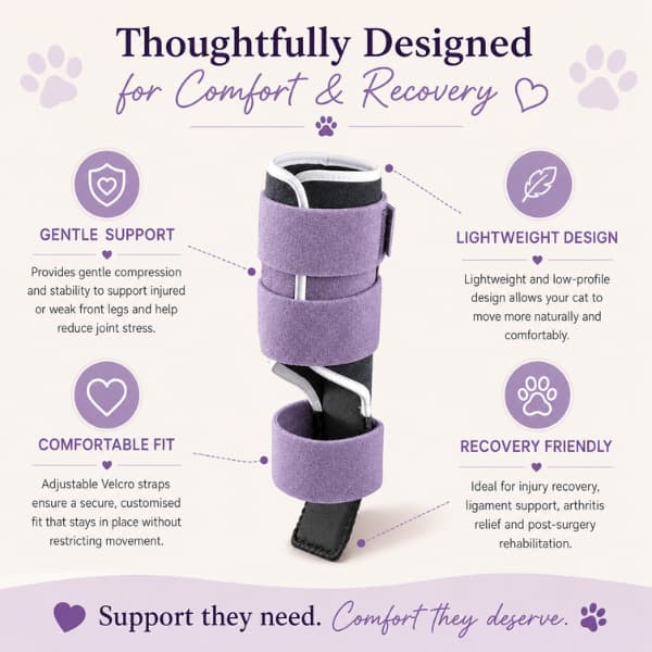 Feature guide showing adjustable cat front leg brace benefits including support, comfort, recovery, and lightweight design