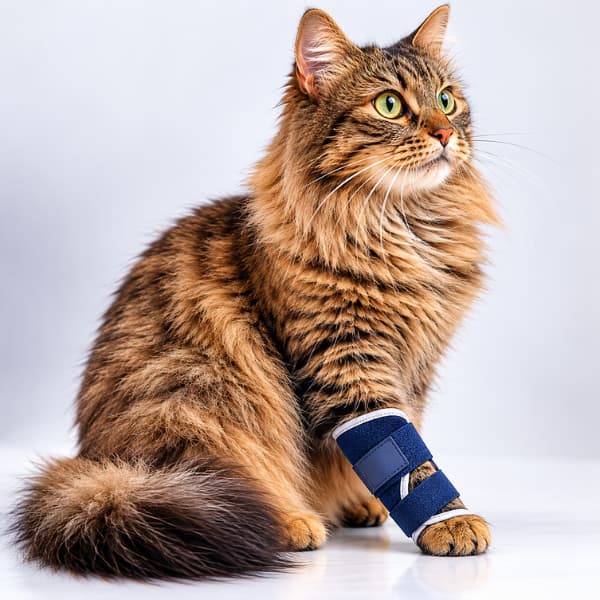 Long-haired cat wearing an adjustable front leg brace for injury recovery, joint support, and mobility assistance