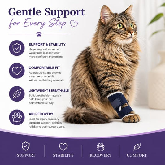 Cat wearing a front leg brace showing support, stability, recovery, and comfort benefits for injury rehabilitation and joint support