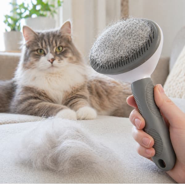 Cat being groomed with deshedding brush showing collected fur in a calm home environment