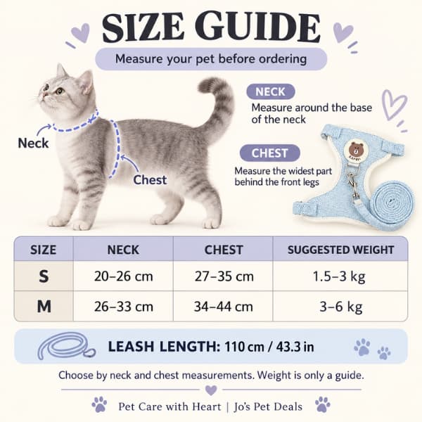 Cat harness size guide showing neck and chest measurements for sizes S and M with a 110 cm leash.