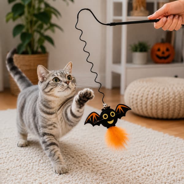 Cat playing with Halloween bat wand toy with bell and orange feathers