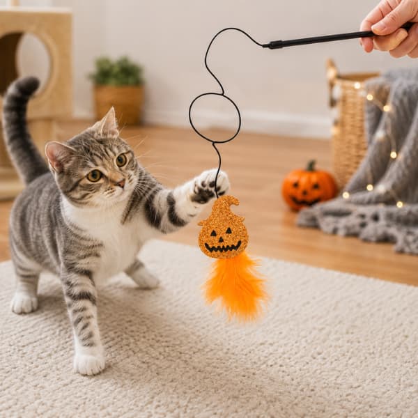 Cat playing with Halloween pumpkin wand toy with orange feathers