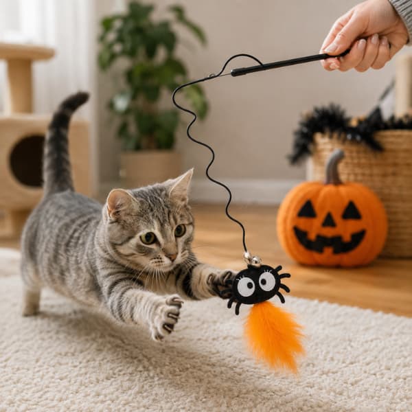 Cat playing with Halloween spider wand toy with bell and orange feathers