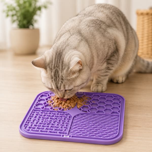 Tabby cat using a purple silicone slow feeder lick mat with wet food for calming enrichment and healthier eating habits