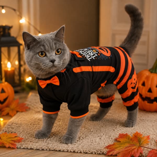 Grey cat wearing black and orange Halloween pumpkin pyjamas with bow tie