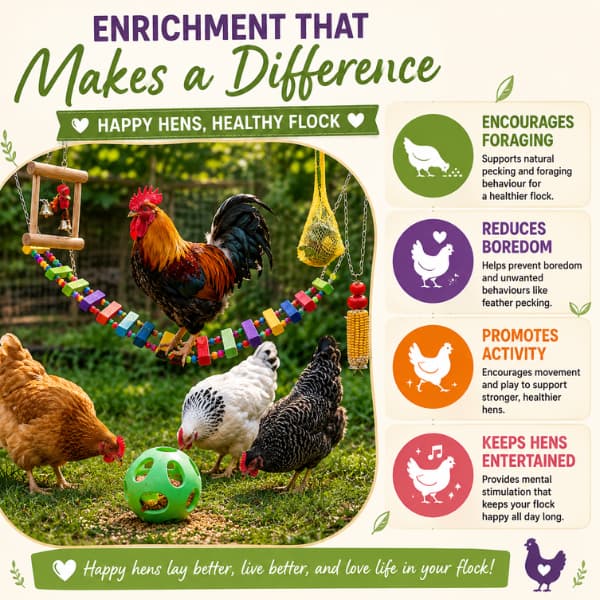 Chicken enrichment infographic showing the benefits of enrichment toys for backyard chickens including encouraging foraging, reducing boredom, promoting activity and keeping hens entertained.