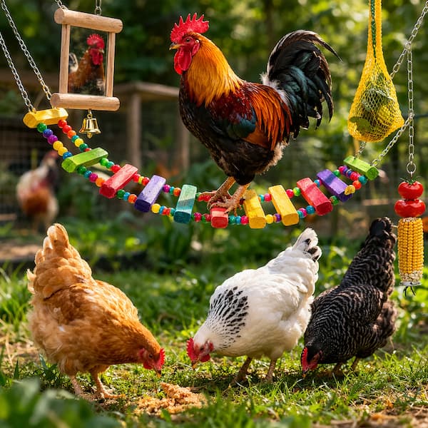 Chickens using a colourful hanging enrichment toy set with swing, mirror and pecking toys in a backyard chicken run.