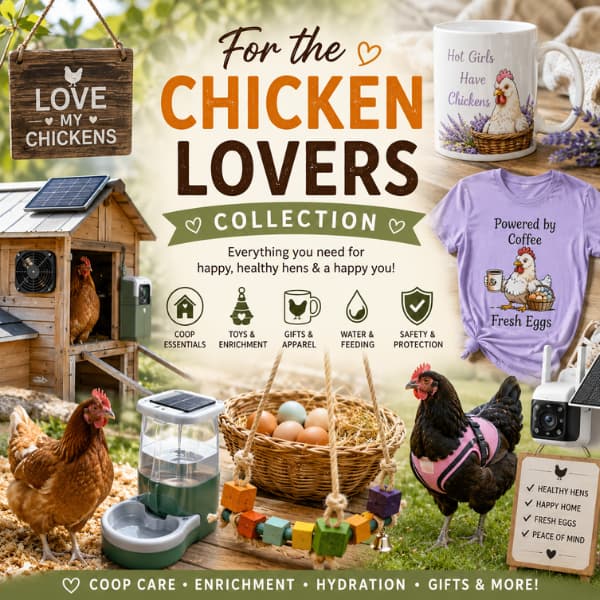 Chicken lovers collection featuring coop products enrichment toys water dispensers gifts mugs and apparel for backyard chicken keepers