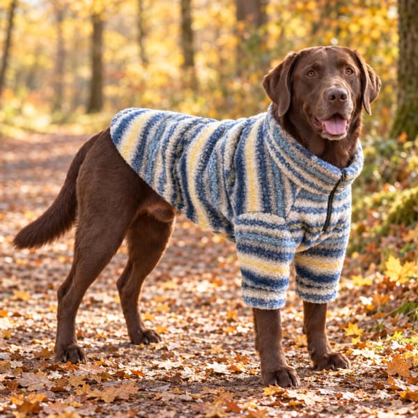 Chocolate Labrador wearing a blue striped fleece jumper on a crisp autumn woodland walk