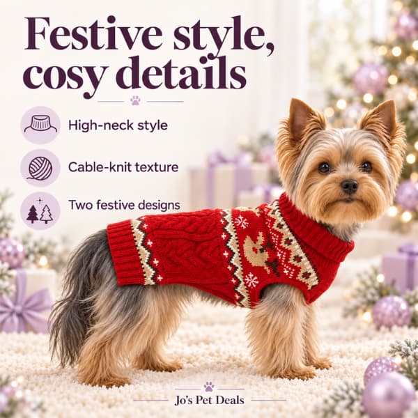 Yorkshire Terrier wearing a red Christmas jumper, highlighting its high-neck style, cable-knit texture and choice of two festive designs.