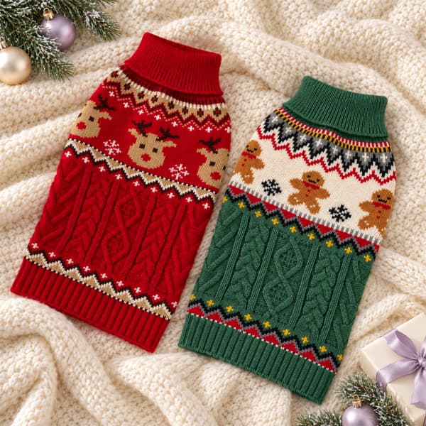 Red reindeer and green gingerbread Christmas dog jumpers with cable-knit detailing, displayed on a cream blanket with lavender decorations.