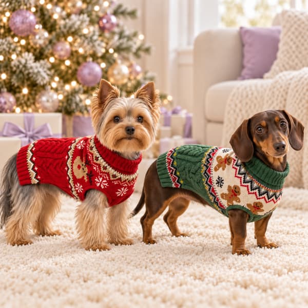 Yorkshire Terrier wearing a red reindeer Christmas jumper beside a Dachshund in a green gingerbread jumper, with lavender Christmas decorations.