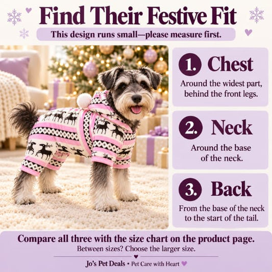Miniature schnauzer in a pink Christmas onesie beside instructions for measuring chest, neck and back, with a reminder that the design runs small.