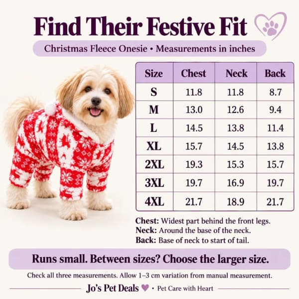 Christmas dog onesie size chart showing chest, neck and back measurements in inches for S–4XL beside a dog wearing the red fleece outfit.