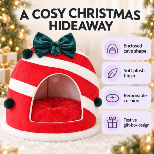 Christmas cat cave bed highlighting its enclosed shape, soft plush finish, removable cushion and festive gift-box design.