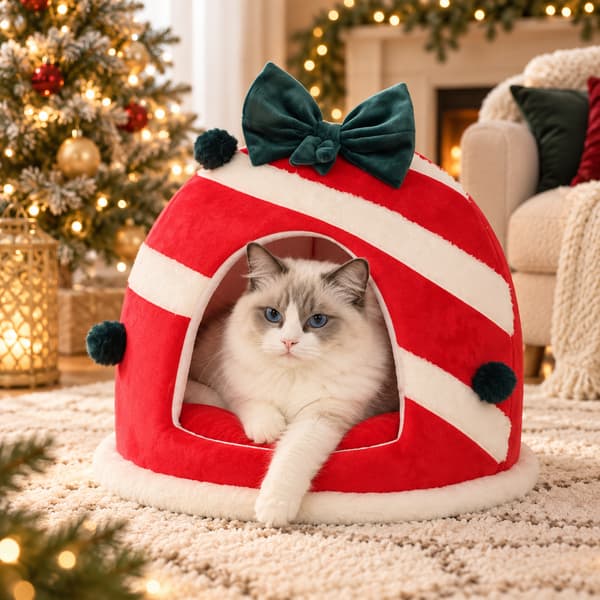 Grey and white cat relaxing inside a red Christmas gift-box cat cave bed with cream stripes and a green plush bow.