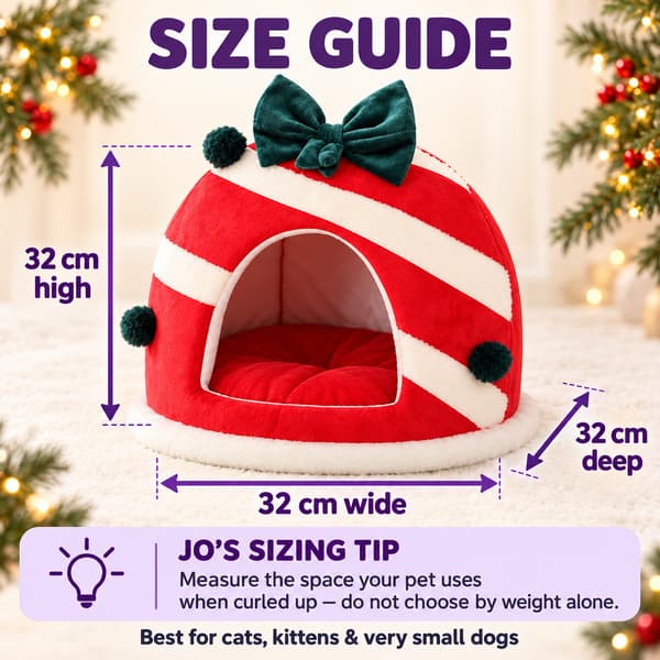 Christmas gift-box cat cave bed size guide showing 32 cm width, height and depth with Jo’s pet sizing tip.