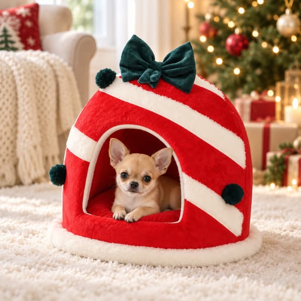 Tiny tan Chihuahua resting inside a red and white Christmas pet cave bed with a green plush bow.