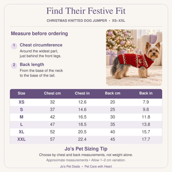 Christmas knitted dog jumper size guide for XS–XXL, showing chest and back measurements in centimetres and inches, with Jo’s pet sizing tip.