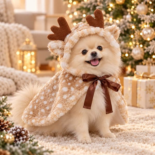 Small cream dog wearing a plush beige Christmas reindeer cape with antlers and brown satin bow