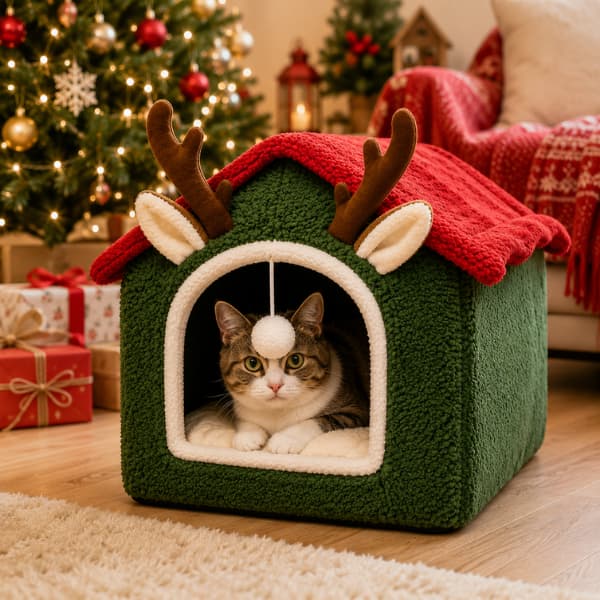 Cat resting inside a cosy Christmas Reindeer Pet House with red roof and green sides