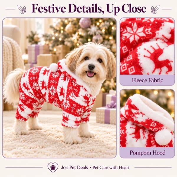 Havanese wearing a red reindeer dog onesie beside close-ups of the patterned fleece fabric and white-trimmed pompom hood.