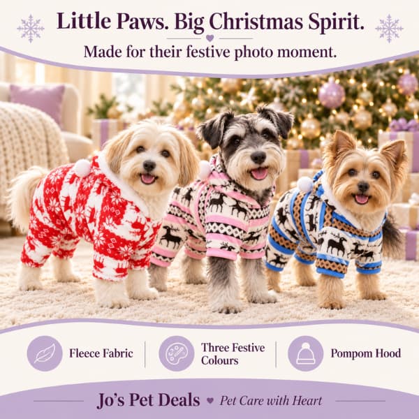 Three small dogs wearing red, pink and blue reindeer fleece onesies beside a Christmas tree, highlighting the fleece fabric and pompom hoods.