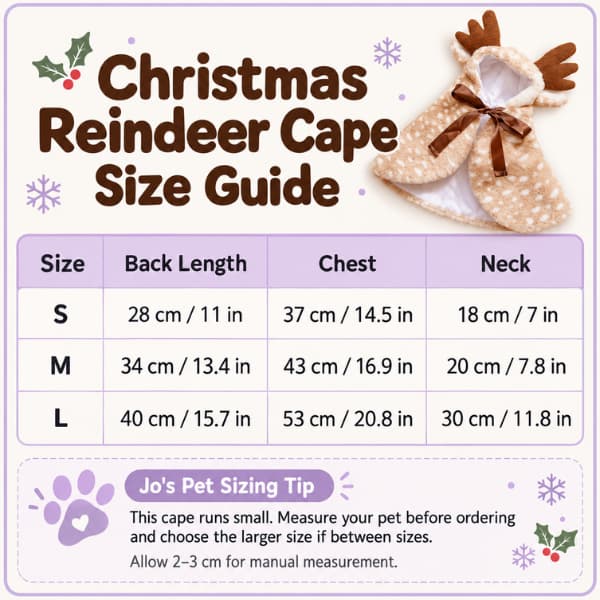 Christmas reindeer pet cape size guide for S, M and L with back length, chest and neck measurements