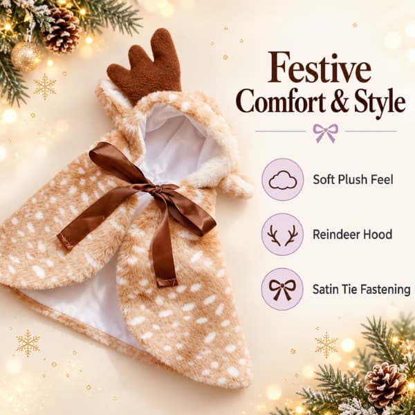 Beige plush Christmas reindeer pet cape with soft fabric, antler hood and brown satin tie fastening