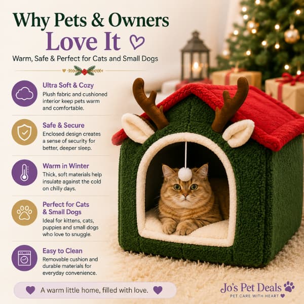 Christmas Reindeer Pet House benefits showing cosy enclosed bed for cats and small dogs