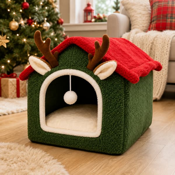 Christmas Reindeer Pet House for cats and small dogs in a cosy festive living room