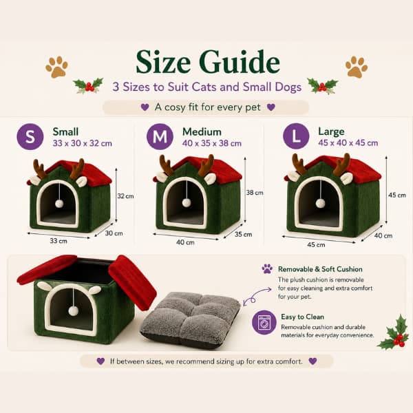 Christmas Reindeer Pet House size guide with S M L measurements and removable cushion
