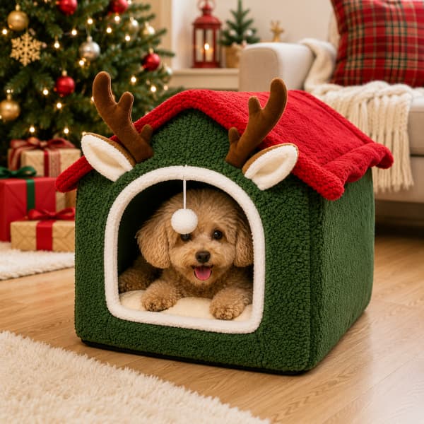 Small dog resting inside a cosy Christmas Reindeer Pet House with red roof and antlers
