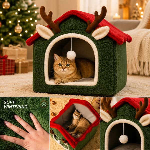 Christmas Reindeer Pet House showing soft plush fabric, cosy interior and cushioned sleeping area
