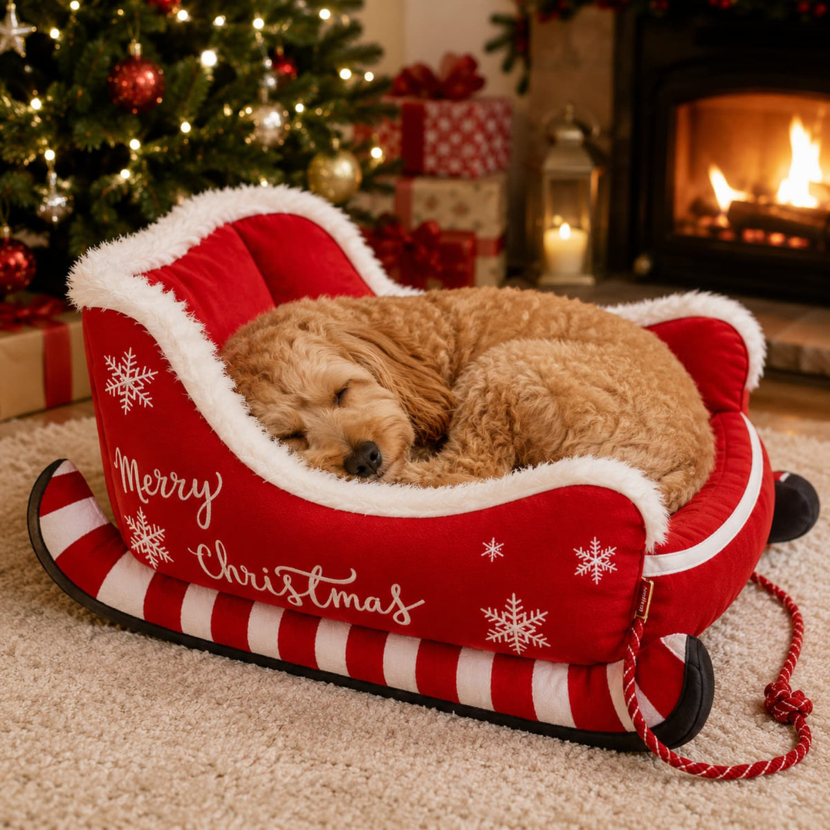 Small dog sleeping in a cosy red Christmas sleigh pet bed with raised sides
