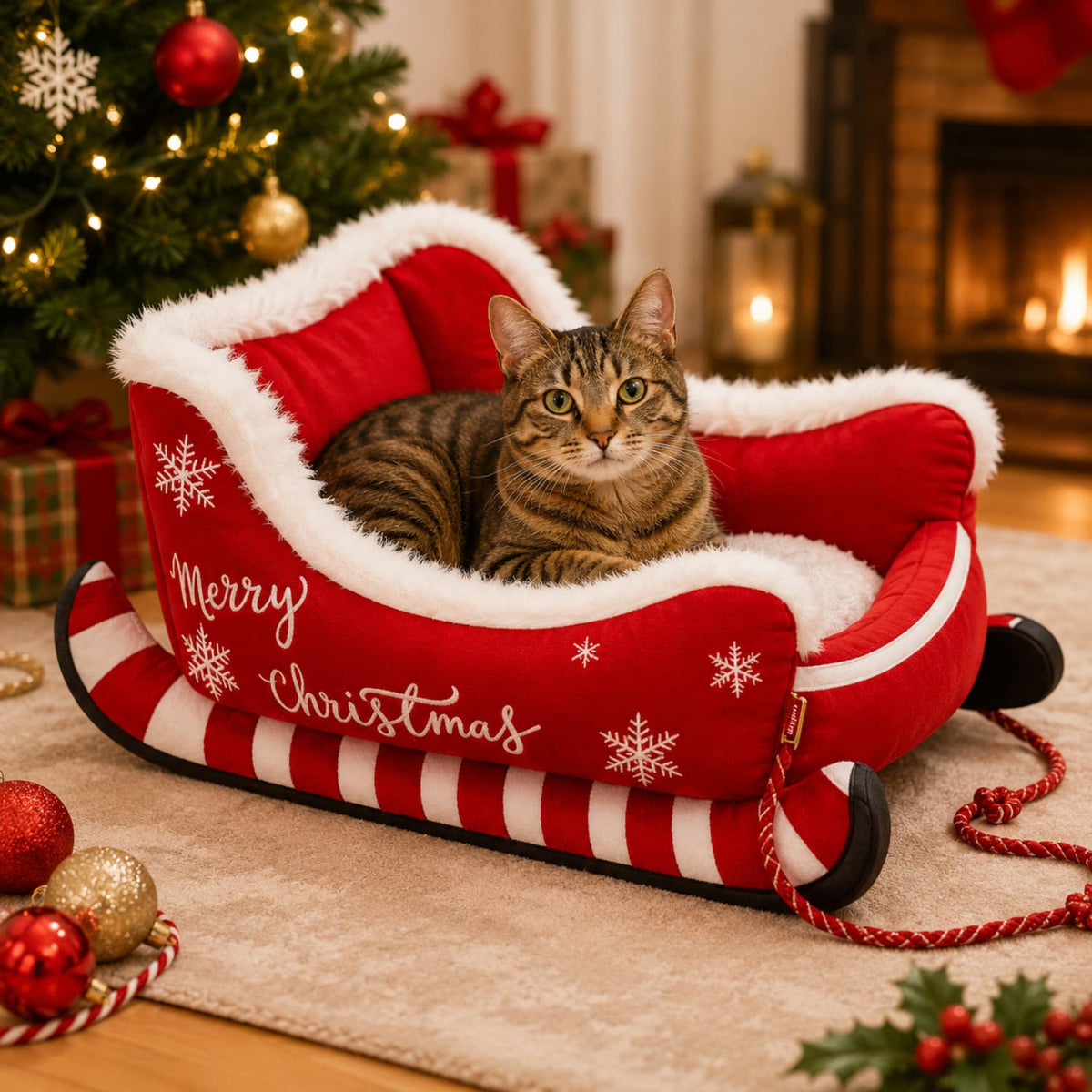 Cat relaxing in a red Christmas sleigh pet bed with soft white trim