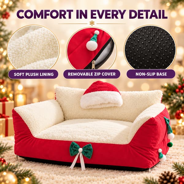 Christmas sleigh pet bed showing soft plush lining, removable zip cover and non-slip base