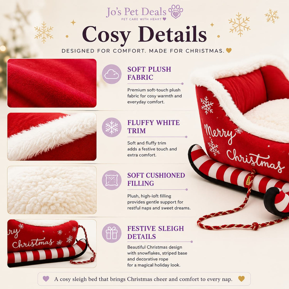 Christmas sleigh pet bed details showing plush fabric, fluffy trim, cushioned filling and festive design