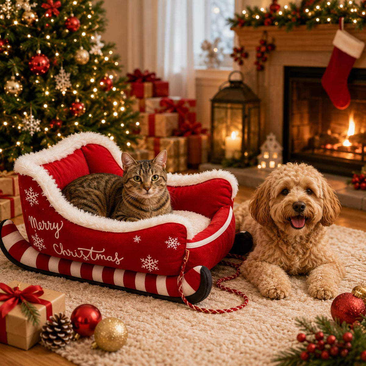 Cat in a Christmas sleigh pet bed with a small dog beside it in a festive home