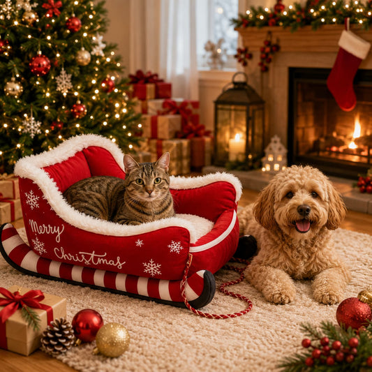 Cat in a Christmas sleigh pet bed with a small dog beside it in a festive home