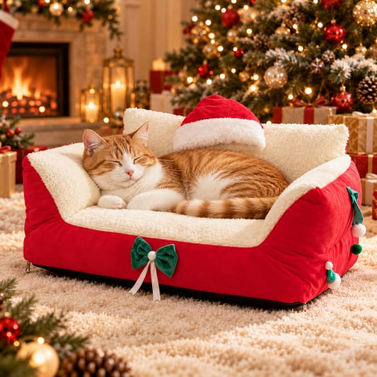 Ginger and white cat sleeping in a red plush Christmas sleigh pet bed
