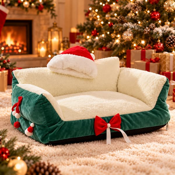 Green Christmas sleigh pet bed with cream plush lining and red festive bow
