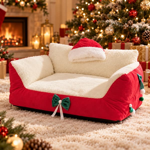 Red Christmas sleigh pet bed with soft cream plush lining and festive decorations
